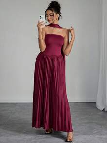 Rafferiza Elegant Burgundy Long Pleated Shoulder Dress, Formal Party Cocktail Dress For Women - Burgundy - View 6