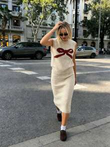 Franclia Bộ đồ hai mảnh dành cho nữ mùa Thu/Đông gồm áo vest thắt nơ và chân váy maxi, kiểu dáng thanh lịch, cổ điển, đa năng. - Nhiều màu - Xem 3