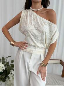 Aloruh 女士优雅性感透视露肩修身短袖套头衫 - 白色 - 查看 5