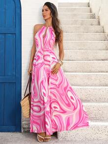 SHEIN Holidaya Vestido de estampado elegante sin mangas con cadena en el cuello, estilo de vacaciones para mujer - Multicolor - Ver 4