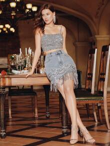 Anewsta Women's Romantic Sequins Sequin Tassel Elastic Bodycon Mini Skirt, Suitable For Valentine's Day Party, Blue - Blue - View 4