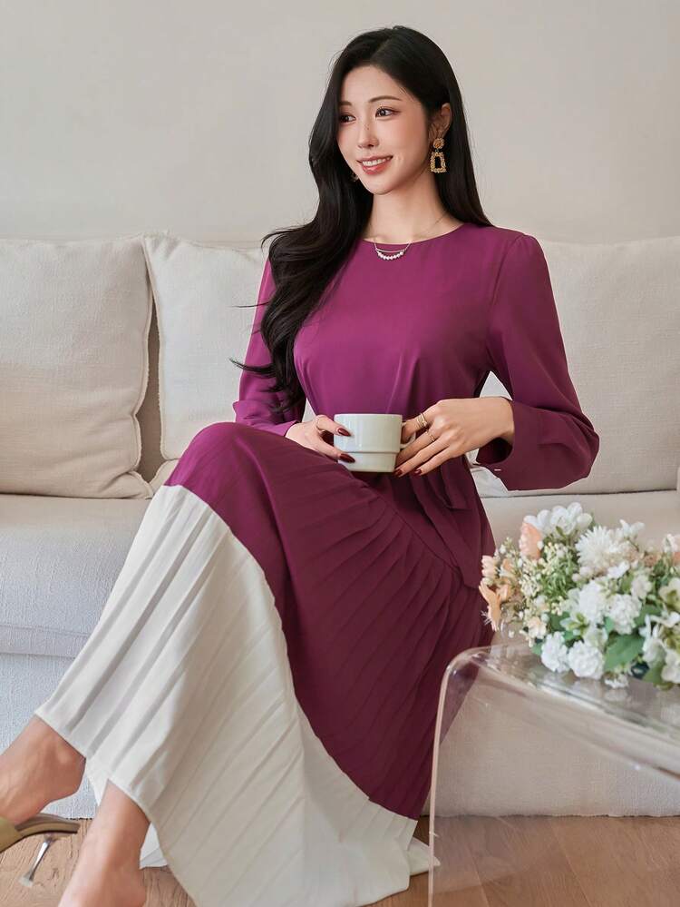 Women's Elegant Contrast Color Pleated Waist Midi Dress, Spring/Summer Wedding Guest Dress Sundress