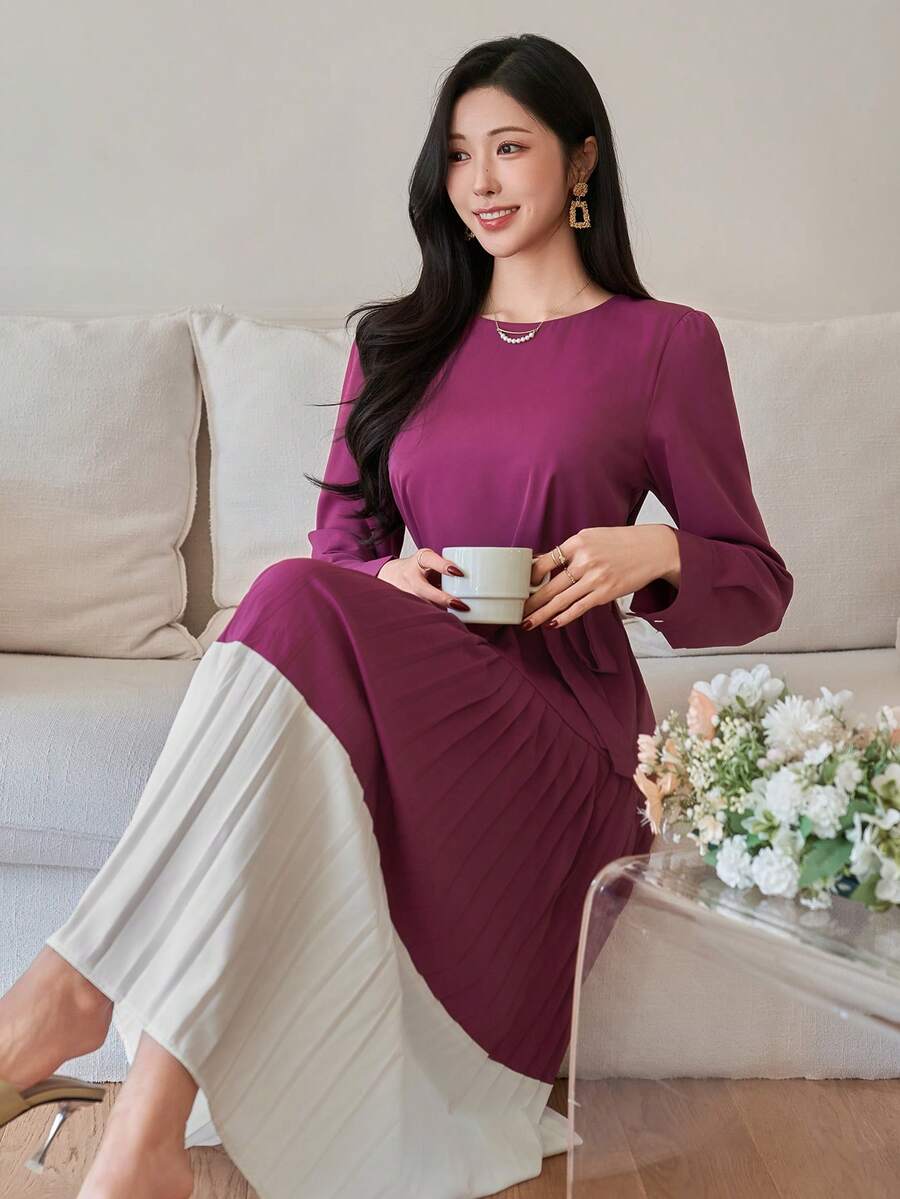 DAZY Women's Elegant Contrast Color Pleated Waist Midi Dress, Spring/Summer Wedding Guest Dress - Red Violet - View 1