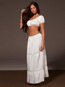 Athîral Women's Casual Off-Shoulder Short Sleeve Crop Top And Long Skirt 2 Piece Set, White, Spring/Summer - White - View 1