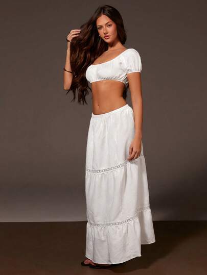 Athîral Women's Casual Off-Shoulder Short Sleeve Crop Top And Long Skirt 2 Piece Set, White, Spring/Summer