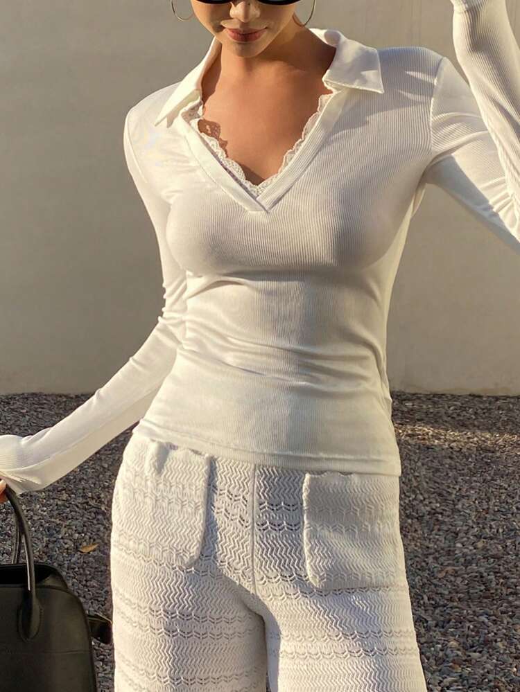 Women's Autumn Simple Solid Color Contrast Lace Slim Fit Long Sleeve Collared T-Shirt