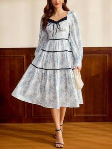 Vintamour Vintage Classic Elegant Women's Dress, Contrast Color Trim Bow Dress, Floral Print Dress, Long Sleeve Dress, Blue & White Flower Dress, Flared Hem Dress Cottagecore Dress French Style Dress Victorian Vintage Style Dress Lolita Dress Spring Outfit Women Spring Dress For Women Valentine's Day Outfit Party Dress Wedding Guest Dress For Women - Blue and White - View 4