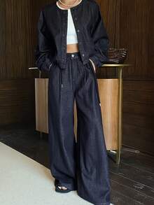 Livesso 女士休闲插肩袖宽松上衣和宽松牛仔裤套装 - 深色水洗藍 - 查看 5