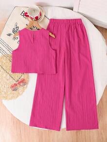 SHEIN Set de 2 piezas de top de tirantes casual de unicolor y pantalones para niñas preadolescentes - Rosa Fucsia - Ver 4