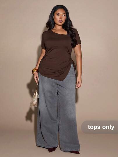 SHEIN BAE 大码不对称T恤，侧边系带设计，咖啡色