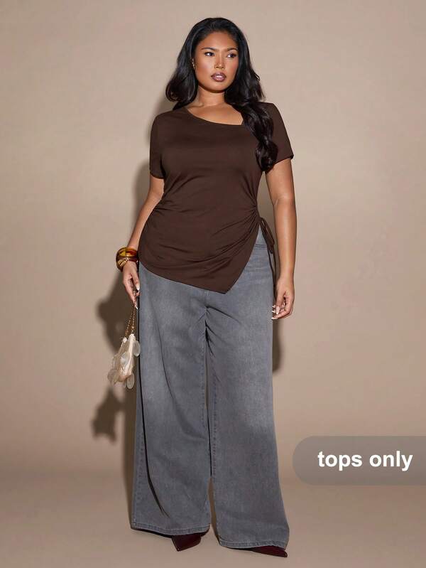 SHEIN BAE Plus-Size Asymmetrical T-Shirt With Side Tie Design, Coffee Color, Suitable For Summer And Everyday Commuting. Earthy Plus Size Plus Size Tops Curve