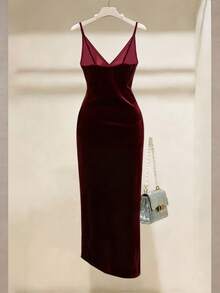 Franclia 优雅酒红色吊带连衣裙，银线荷叶边下摆和收腰设计，显瘦 - 酒紅色 - 查看 2