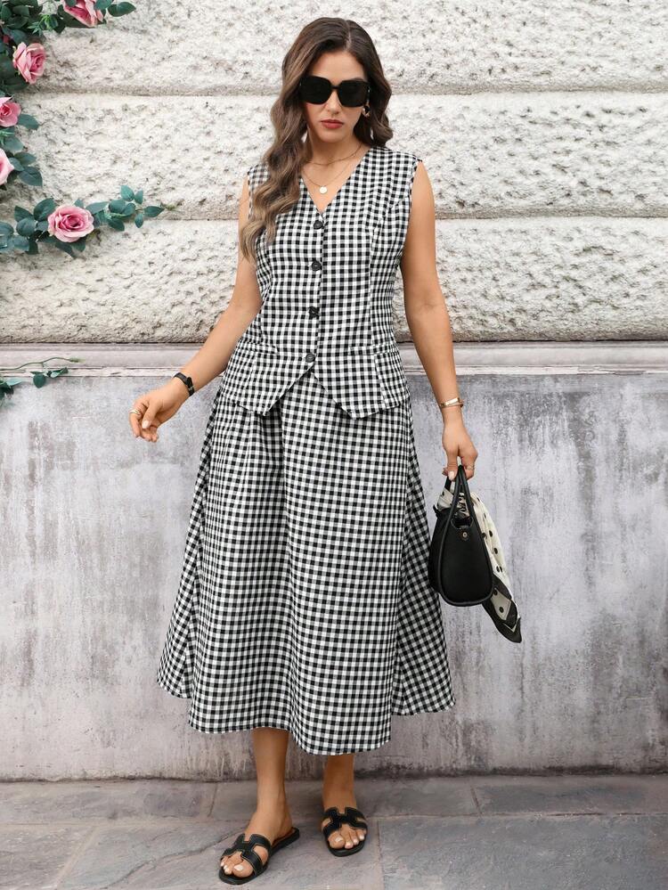 2pc Set Plus Size Women's Summer Casual Vacation  Black And White Plaid Sleeveless Vest Jacket And Skirt 2 Piece Set With Pockets, Summer Holiday,Spring Break Outfits ,Vacation Outfits Women ,Holiday Outfits For Women,Going Out Outfits,2026 New Clothes,Simple And Fashionable For Everyday Wear,Summer Skirt Sets, Summer Outfit Set For Women, Skirts Sets,Suitable For Summer, Vacation, Commute, Daily Wear