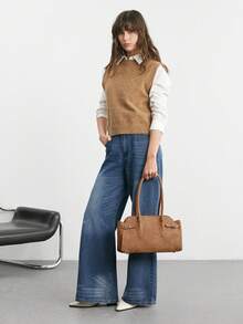 女士单肩包棕色手提包大容量通勤包 - 棕色 - 查看 9