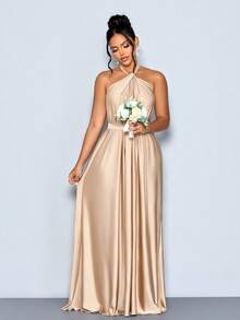 SOLERSUN Women's Elegant Apricot Satin Ruched Halter With Belt Maxi Dress,Ruched Flowy Backless Evening Gown For Formal Party Prom Wedding Guest - Khaki - View 10