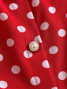 Franclia 女士露肩红色底白色爱心印花长袖衬衫配黑色短裤，两件套，春秋季 - 紅白色 - 查看 3