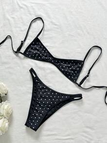 Swim Basics Bộ bikini 2 mảnh in họa tiết chấm bi nhiệt đới dành cho nữ, phong cách thường ngày cho kỳ nghỉ. - Đen và trắng - Xem 5