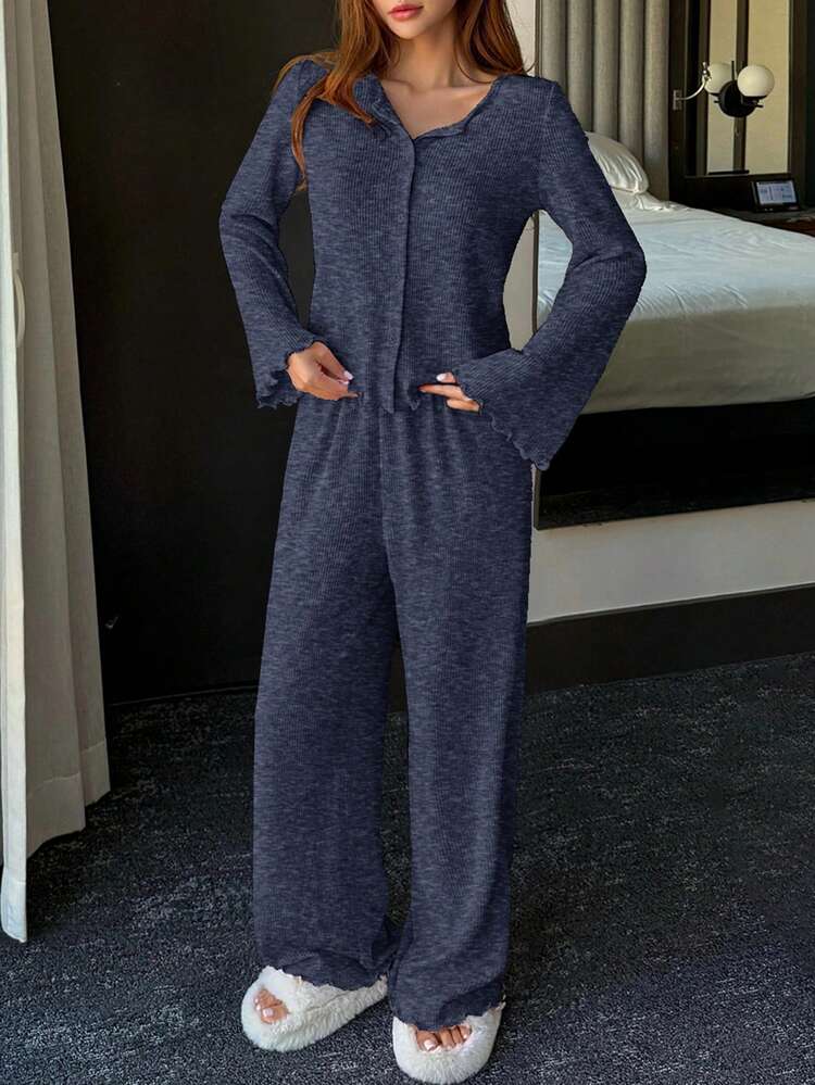 2pcs Women Minimalist Fleece Knit Cardigan & Pants Pajama Set, Winter