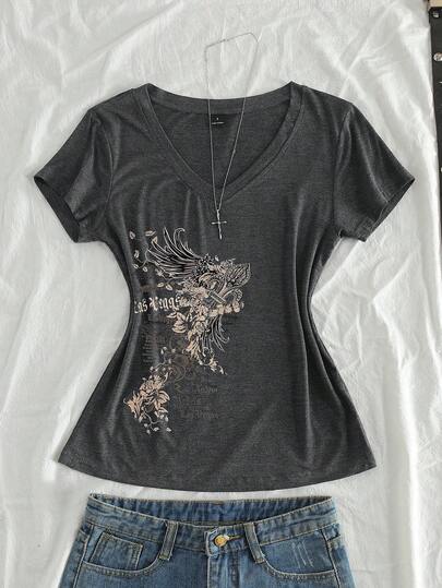 StreetHx เสื้อยืดเข้ารูปคอวีสำหรับผู้หญิง, ลายดอกไม้ครอสวินเทจ พังก์ อนิเมะ, คอวีแขนสั้นสีเทาเข้ม, ฤดูร้อน