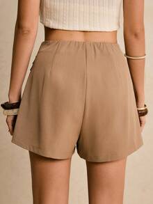 Poéselle 女士纯色高腰褶裥休闲/工作裙裤优雅短裤 女士二合一裙裤短裙开衩大腿裙卡其色裙子套装 女士裙裤两件套 - 棕色 - 查看 2