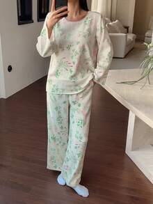 DAZY 植物图案印花撞色滚边宽松女士睡衣套装 - 白色 - 查看 6