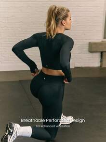 GLOWMODE Áo croptop tay dài, ôm sát cơ thể, thấm hút mồ hôi, thoáng khí, cổ áo Henley bằng lưới, có lỗ xỏ ngón tay cái, thích hợp cho tập luyện cường độ trung bình, chạy bộ, hoạt động ngoài trời mùa thu đông, mặc hàng ngày. - màu đen - Xem 3