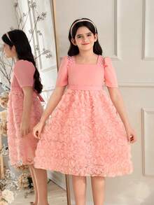 Glamorique Kids 1件女童甜美公主风珍珠装饰方领蝴蝶结腰部泡泡袖玫瑰连衣裙，夏季派对连衣裙 - 粉色 - 查看 6