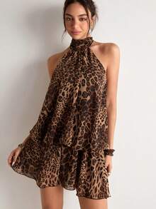 Freevana Vestido mini con estampado de leopardo, con escote halter y espalda descubierta, adecuado para vacaciones de verano - Marrón - Ver 5