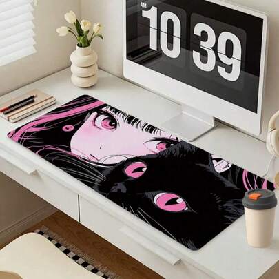 1pc Anime Cat Pattern Game, Office, Mouse Pad, Non-Slip, Dustproof, Computer Decorative Desk Mat. Top Made Of Diatomaceous Earth, Bottom Made Of Rubber, Non-Slip, Durable.