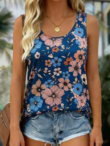 EMERY ROSE Vintage Ditsy Floral Sleeveless Tank Top Women, Loose Fit Crew Neck Floral Allover Print Camisole For Summer Layering Tops For Women Summer Cute Women's Summer Outfits Spring Tops For Women Casual Women's Tops For Summer Summer Casual Tops - Navy Blue - View 5