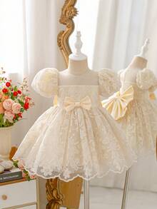 SHEIN Glamorique Kids 女婴碎花选美礼服，公主生日派对礼服，杏色碎花，蝴蝶结露背，可爱，四季皆宜，优雅 - 杏色 - 查看 1