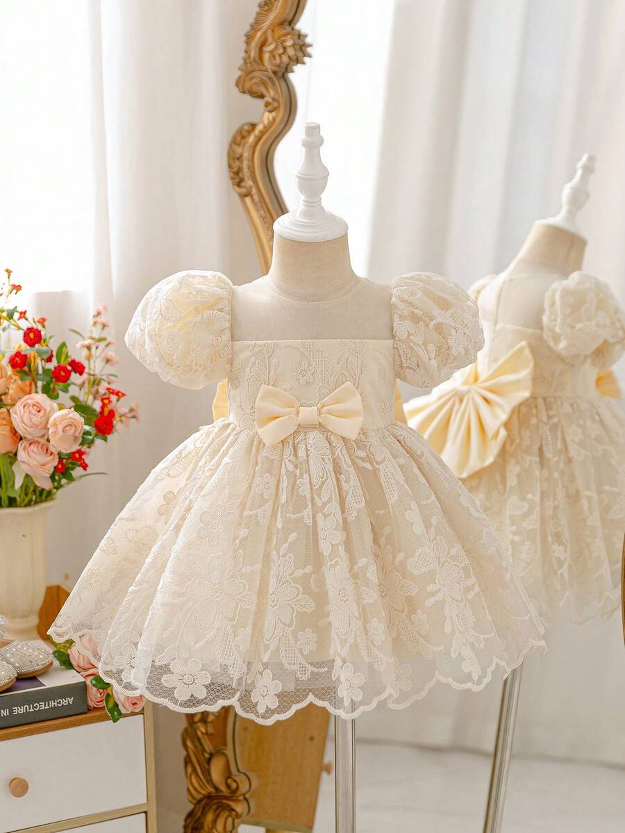 SHEIN Glamorique Kids 女婴碎花选美礼服,公主生日派对礼服,杏色碎花,蝴蝶结露背,可爱,四季皆宜,优雅 - 杏色 - 查看 1