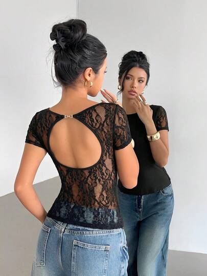 Siren Gaze Off-Shoulder Lace Patchwork Backless T-Shirt For Women, Summer  Ruched Slim Fit Black Short Sleeve Top, Black Floral Lace Backless Short Sleeve Top, Black Top, Summer Vacation Outfits, Party Top,Music Festival Tops, Carnival Costume