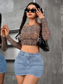 SHEIN PETITE 纯色斜插口袋休闲百搭修身牛仔迷你裙 - 淺色水洗藍 - 查看 4