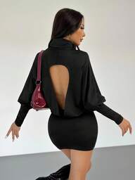 SHEIN PETITE Abito aderente mini da donna elegante con collo alto, maniche a pipistrello e schiena aperta