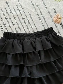 SHEIN 女宝宝夏季可爱度假休闲百搭黑色荷叶边弹力腰迷你裙 - 黑色 - 查看 8