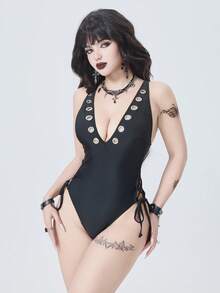 ROMWE Goth 女士哥特式深V系带连体泳衣，金属银色和黑色 - 黑色 - 查看 5
