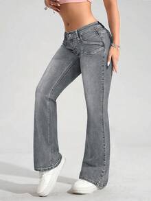 SHEIN PETITE Quần jeans ống loe cạp thấp dáng casual đa năng dành cho nữ - Màu Xám nhạt - Xem 4