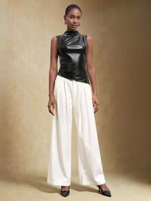 BizChic 2025 Autumn/Winter New Black PU Fabric Asymmetric Hem Off-Shoulder Ruched Waist Women's Top, Retro Chic Elegant Urban Commute Everyday Casual Romantic 90s Christmas New Year Outfit, Thanksgiving Party Dress, Beach Holiday, Graduation, Fashion, Suitable For Wedding Guest, Host, Date, Party, Concert, Brunch, Airport, Multi-Occasion - Black - View 7