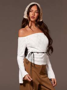 Athîral 女士休闲露肩长袖白色针织宽松弹力上衣，春夏款 - 白色 - 查看 1