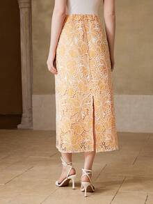 MOTF PREMIUM 女士优雅刺绣半身裙，适合约会、春夏穿着 - 黃色 - 查看 3