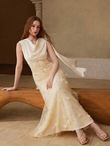 MOTF PREMIUM WOMEN'S ELEGANT LACE PATCHWORK MERMAID HEM LONG DRESS, SPRING/SUMMER - Apricot - View 7