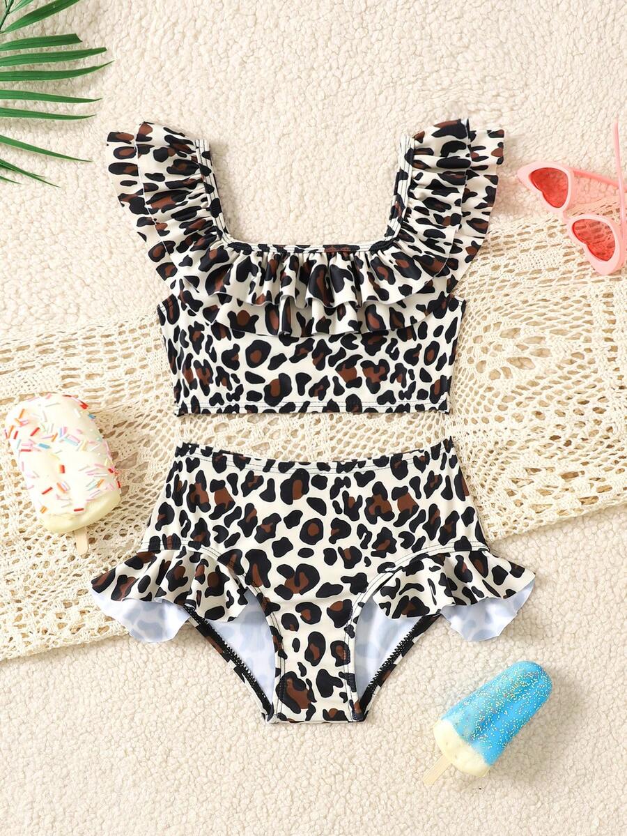 Young Girl Summer Fashion Resort Leopard Print Trim Top & Bottom 2 Pieces Set - Brown - View 1