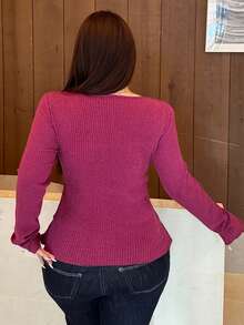 Dazy Plus Elastic Fitted Square Neck Cinched Waist Cropped Fuchsia Elegant Long Sleeve T-Shirt, Spring/Autumn - Hot Pink - View 2