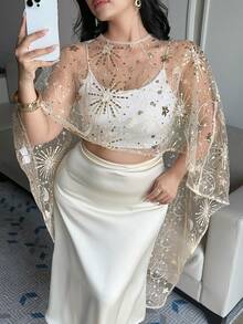 Dazy Plus 大码女式薄纱蕾丝圆领不对称斗篷派对上衣/衬衫 - 金色 - 查看 6