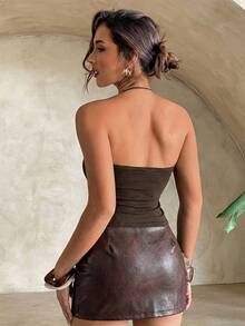 Aloruh 女士时尚复古系带露背牛仔上衣 - 棕色 - 查看 3