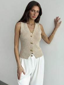 Aloruh Chaleco de punto con un solo botonadura de metal para mujer, primavera - Caqui - Ver 3