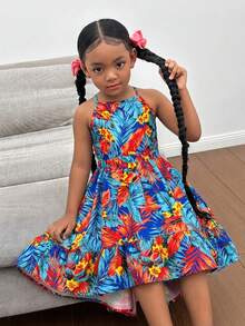 Đầm không tay cổ yếm in hoa thanh lịch tối giản dành cho bé gái - Nhiều màu - Xem 4