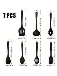 7pcs Household Silicone Kitchen Cooking Set: Spatula, Ladle, Slotted Spatula, Frying Spatula, Pasta Spoon, Salad Spatula, Honey Spatula, Black - Black - View 8