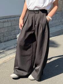 DAZY Tween Girls' Solid Color Waist Button Design Pleated Loose Wide Leg Pants - Black - View 3